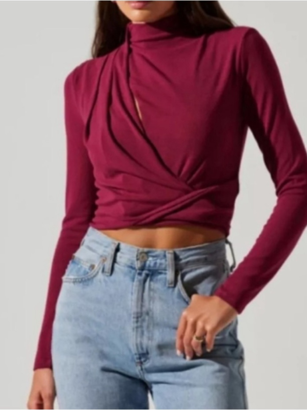 ASTR The Label Berry Asymmetrical Pleated Cutout Mock Neck Long Sleeve Top Large